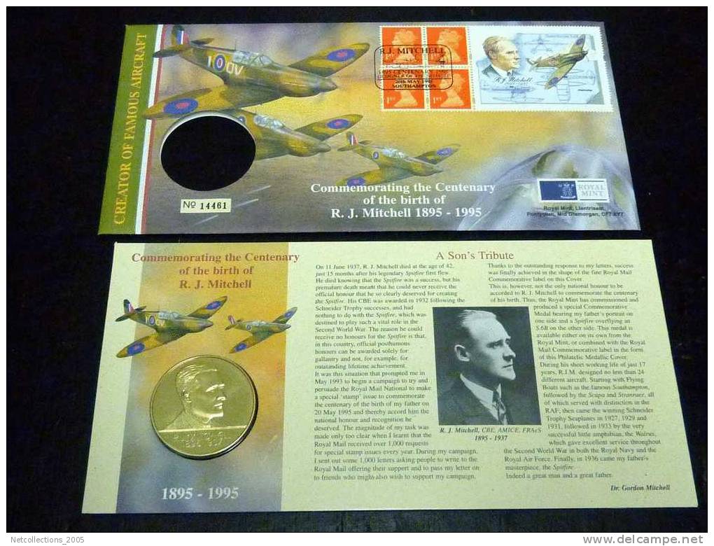 MONNAIES + TIMBRES = ROYAL MAIL & ROYAL MINT - COMMEMORATING THE CENTENARY OF THE BIRTH OF R.J.MITCHELL 1895-1995 AVION - Maundy Sets & Herdenkings