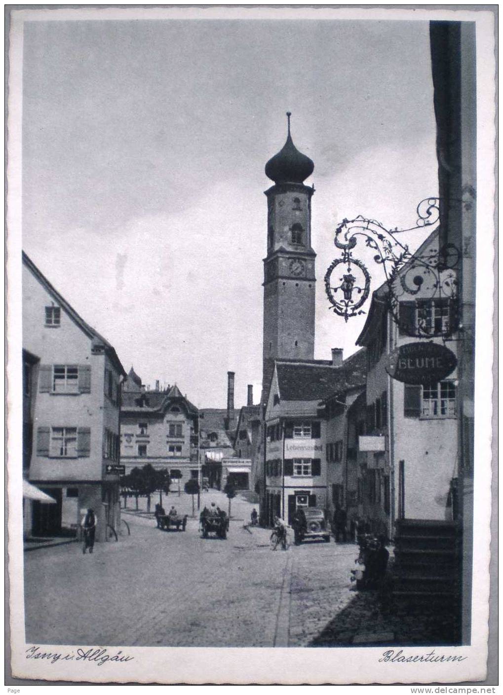 Isny,Blaserturm,Gasthaus Zur Blume,1941,Pferdegespanne,Oldtimer,Kupfertiefdruck-Karte - Isny