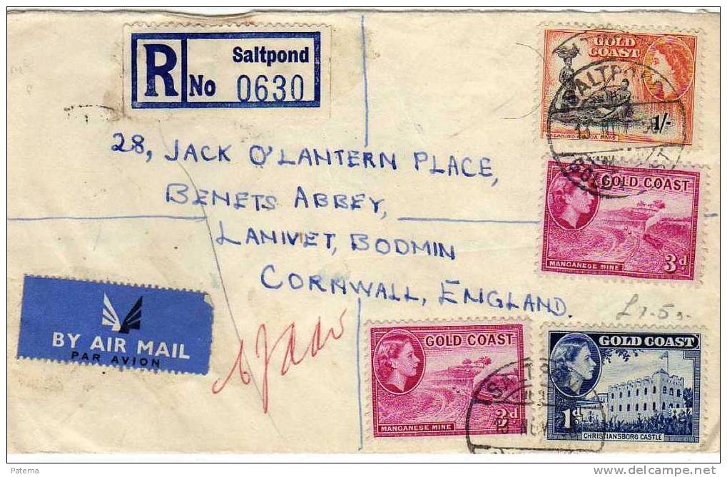 Carta, Certificada,,aerea, SALPOND 1956,( Gold Coast )cover, Letter, Lettre - Goudkust (...-1957)