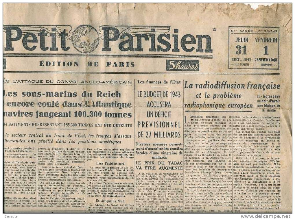 Le Petit Parisien Du 31/12/1942 Et Du 1er/1/1943 " Lettre Manuscrite De La Condamnation De GIRAUD" - Le Petit Parisien