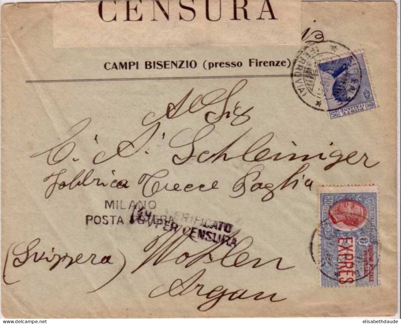ITALIE - LETTRE EXPRES CENSUREE De FIRENZE Pour WOHLEN - AARGAU (SUISSE) - 1916 (GUERRE 14/18) - Eilsendung (Eilpost)