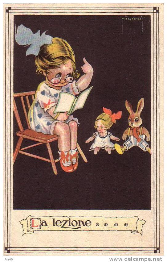 BAMBINO LA LEZIONE  CONIGLIO BAMBOLA ILLUSTRATORE PINOCHI' VG 1920  ORIGINALE D´EPOCA 100% - Adolf 'Jodolfi'