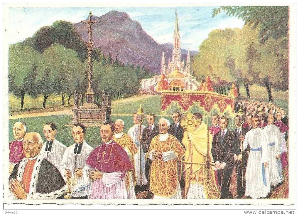 CPSM ILLUSTREE-homualk?-EN PARCOURANT LA BIGORRE-LOURDES-procession Du T Sacrement ,basilique Et Calvaire Des Bretons - 1900-1949