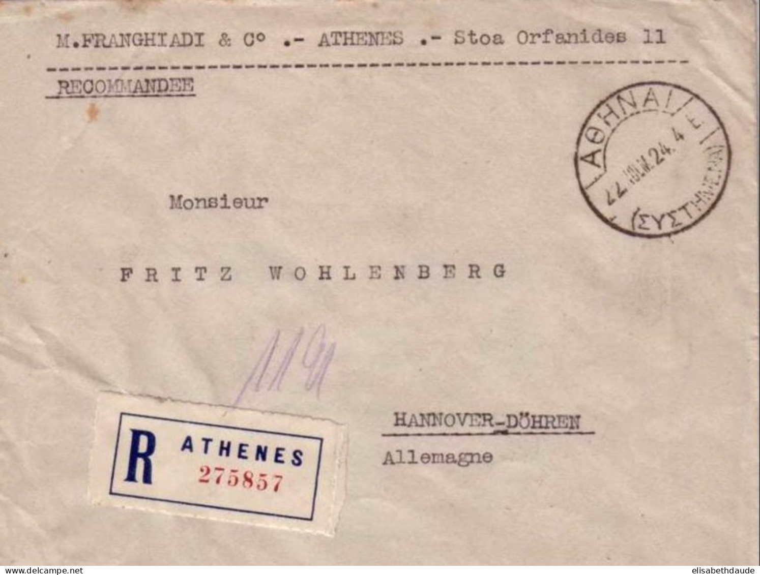 GRECE - 1924 - LETTRE RECOMMANDEE De ATHENES Pour HANNOVER (ALLEMAGNE) - Briefe U. Dokumente