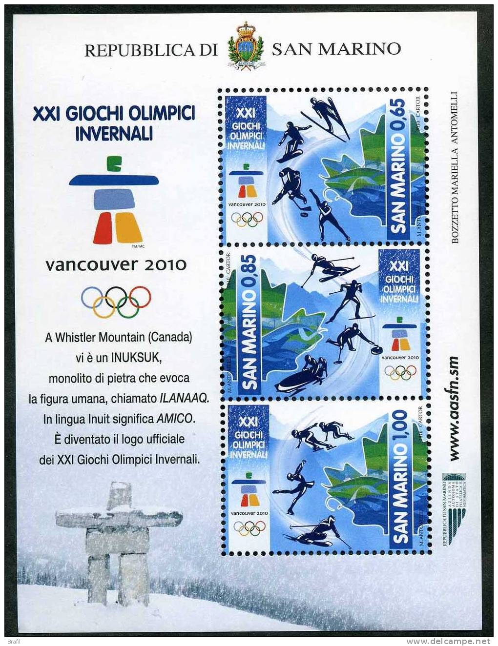 2010 San Marino Giochi Olimpici Invernali  Vancouver Foglietto (**) Nuovo - Unused Stamps