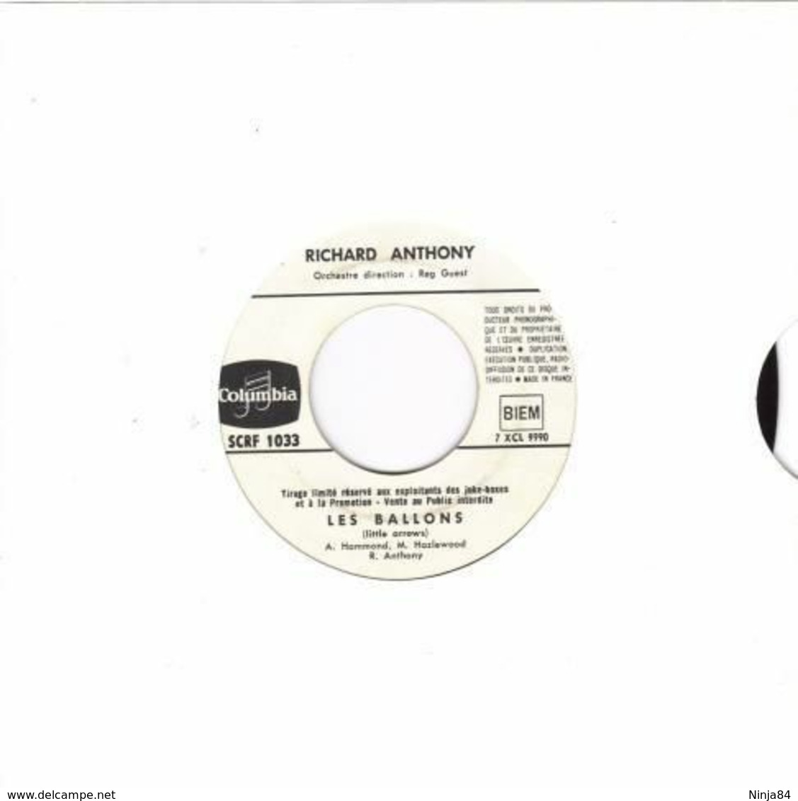 SP 45 RPM (7")  Richard Anthony  "  Les Ballons  "  Juke-box Promo - Collectors