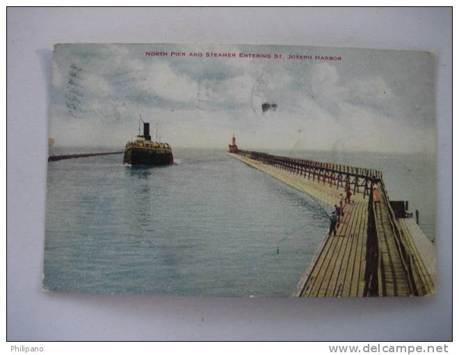 North Pier & Steamer Entering ST. Joseph Harbor  Mi   1909 Cancel - Sonstige & Ohne Zuordnung