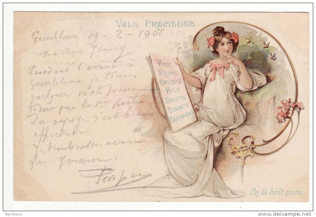 Carte Postale Précurseur Publicité Vals Précieuse On La Boit Pure Eau Art Nouveau Femme Fleurs - Publicité