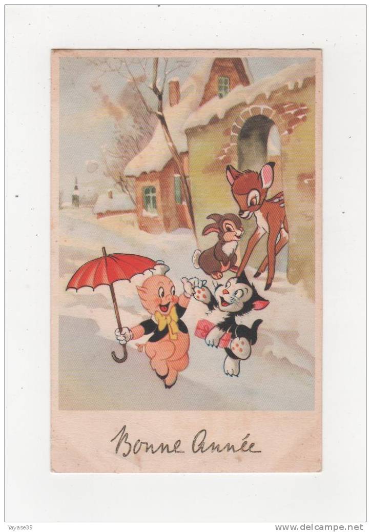 Petit Cochon Avec Un Parapluie Rouge Chat Noir Lapin Et Bambi Belle Carte écrite En 1953 - Anno Nuovo