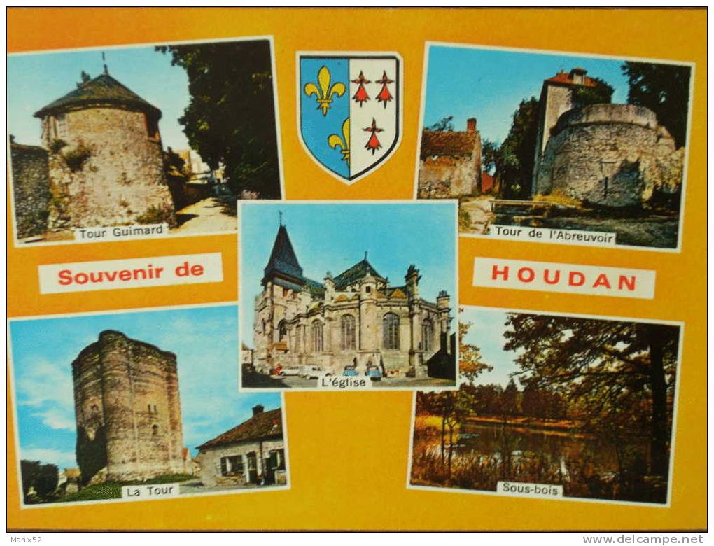 78 - Souvenir De HOUDAN - L´ Eglise, La Tour Guimard, La Tour De L´ Abreuvoir... Multivues Avec Blason - Houdan