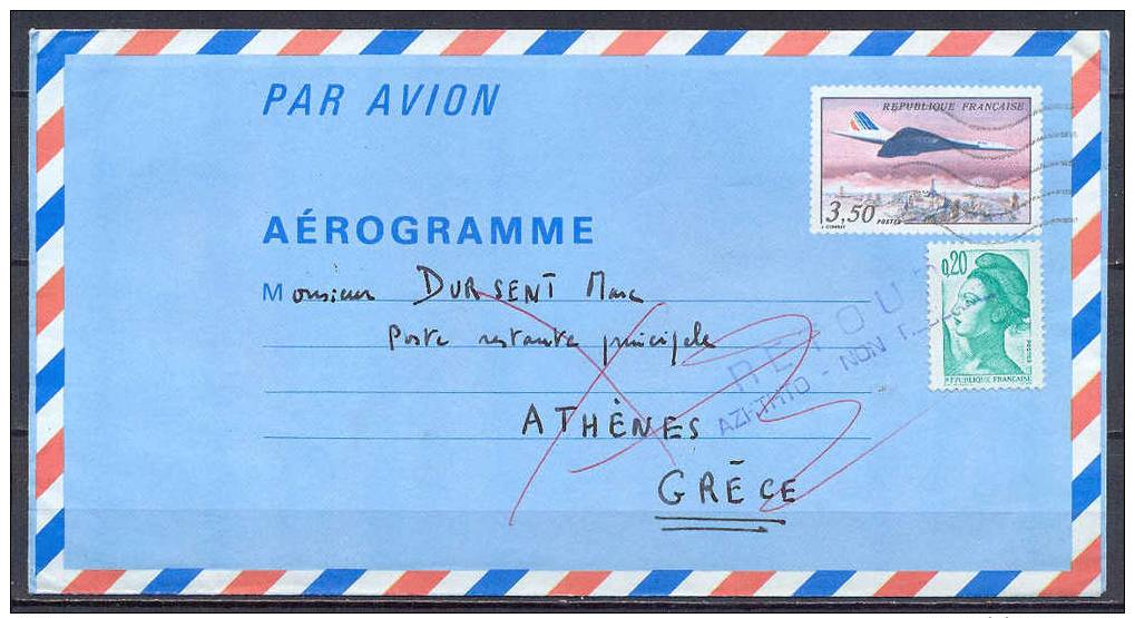 France Aérogramme Aerograma Airletter YT N°1012-AER Concorde Destination Athènes Grèce - Aérogrammes