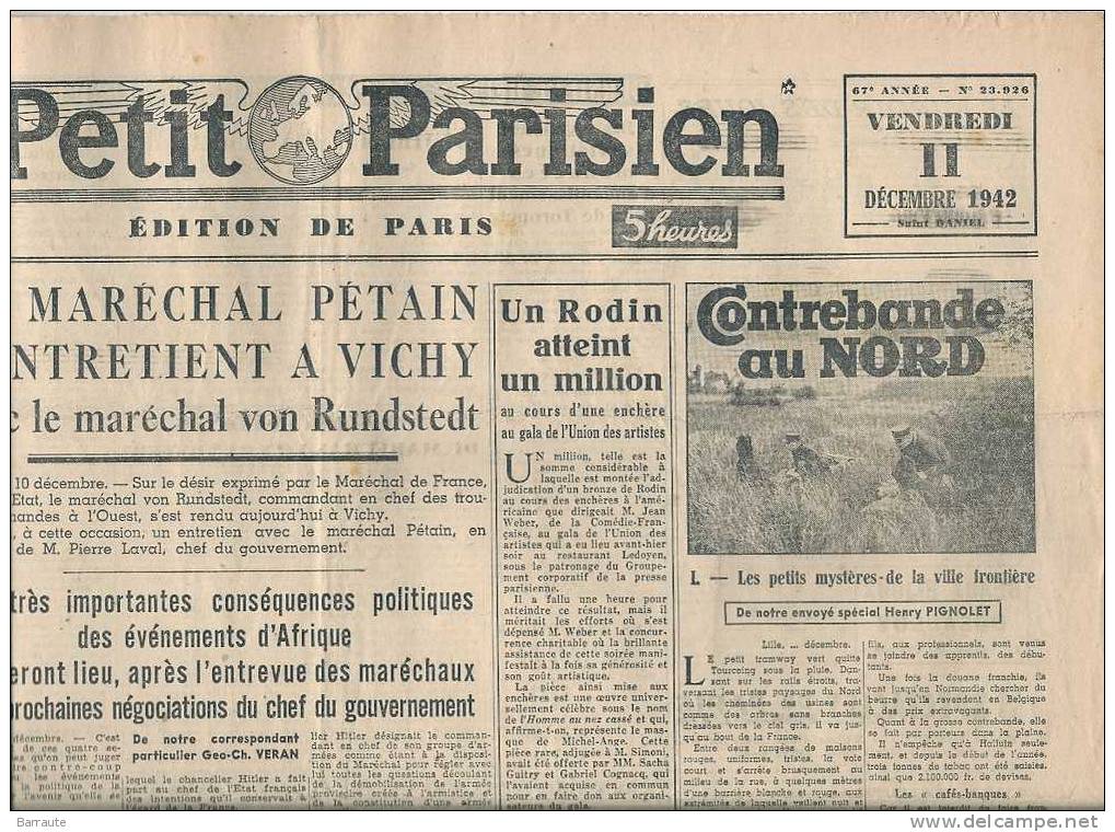 Le Petit Parisien Du11/12/1942 " LE Maréchal PETAIN S'entretient A VICHY Avec Le Maréchal VON RUNDSTEDT. - Le Petit Parisien