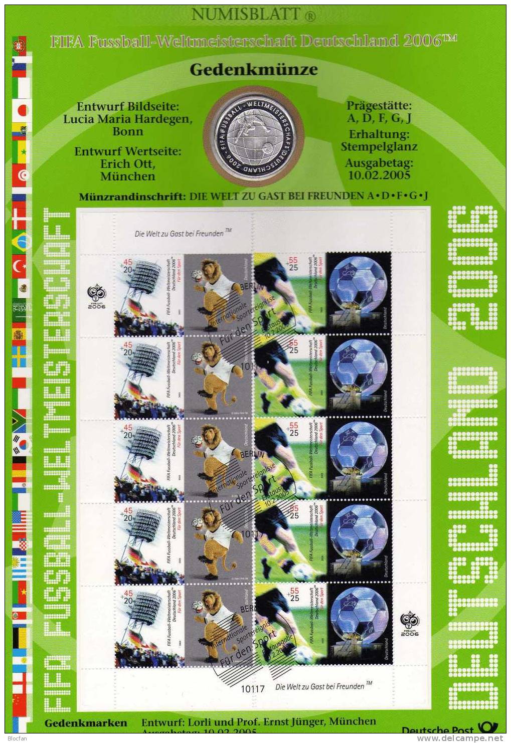 Fussball-WM 2006 Numisblatt 2005 Deutschland mit 2439-40 im 10-Block SST 40€ Flutlicht Globus Spielszene Goleon soccer