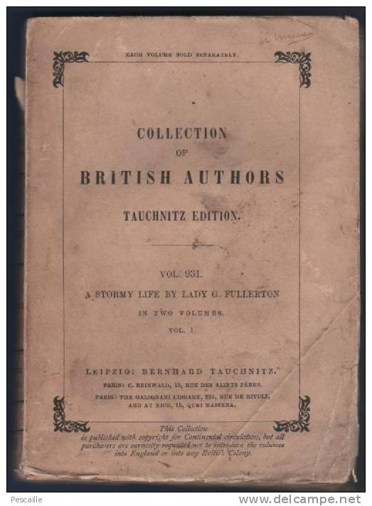 1867 - A STORMY LIFE - NOVEL BY LADY GEORGIANA FULLERTON - VOL. 1 - LEIPZIG BERNHARD TAUCHNITZ - 1850-1899