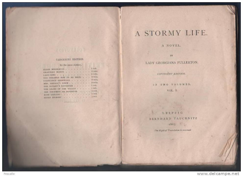 1867 - A STORMY LIFE - NOVEL BY LADY GEORGIANA FULLERTON - VOL. 1 - LEIPZIG BERNHARD TAUCHNITZ - 1850-1899