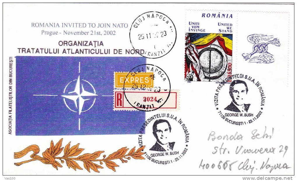 North Atlantic Treaty Organisation - NATO 2002 Registred Express Cover RARE Obliteration Stamps Label Romania. - NAVO