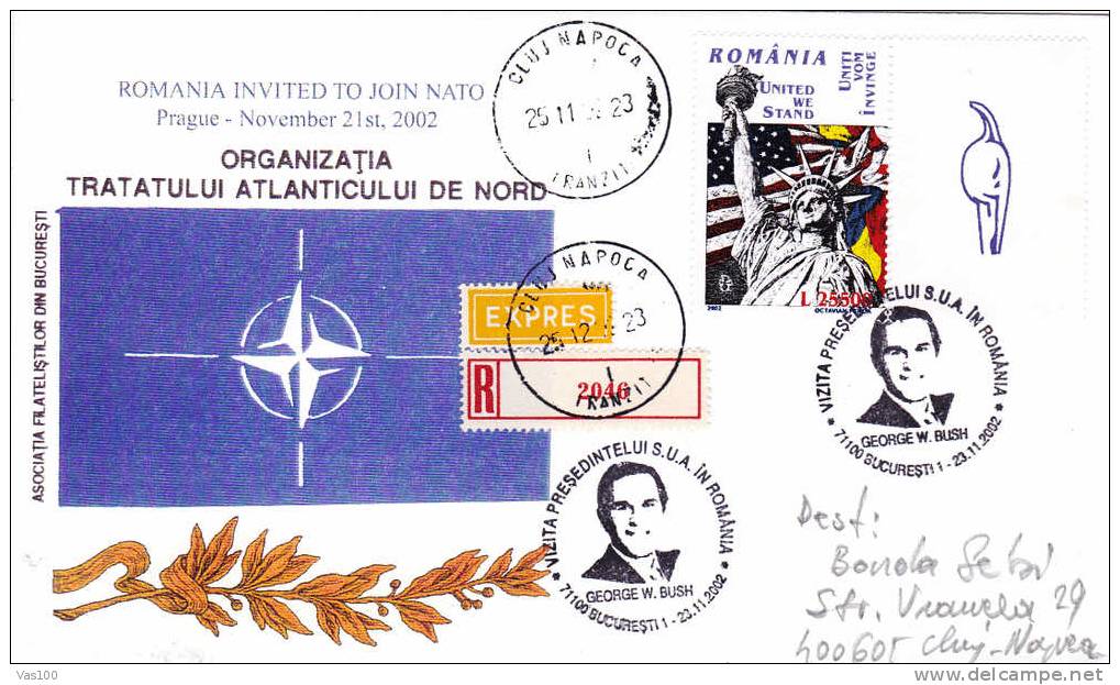 North Atlantic Treaty Organisation - NATO 2002 Registred Express Cover RARE Obliteration Stamps Label Romania. - OTAN