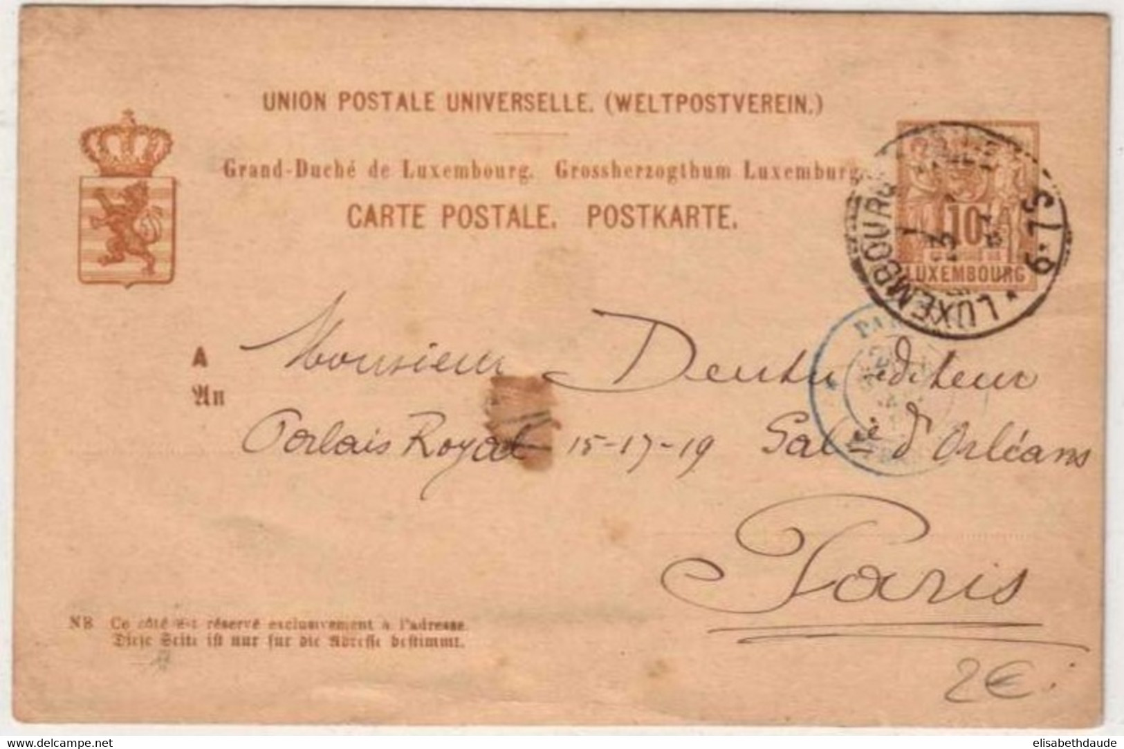 LUXEMBOURG - 1883 - CARTE POSTALE ENTIER -  LUXEMBOURG Pour PARIS - Interi Postali