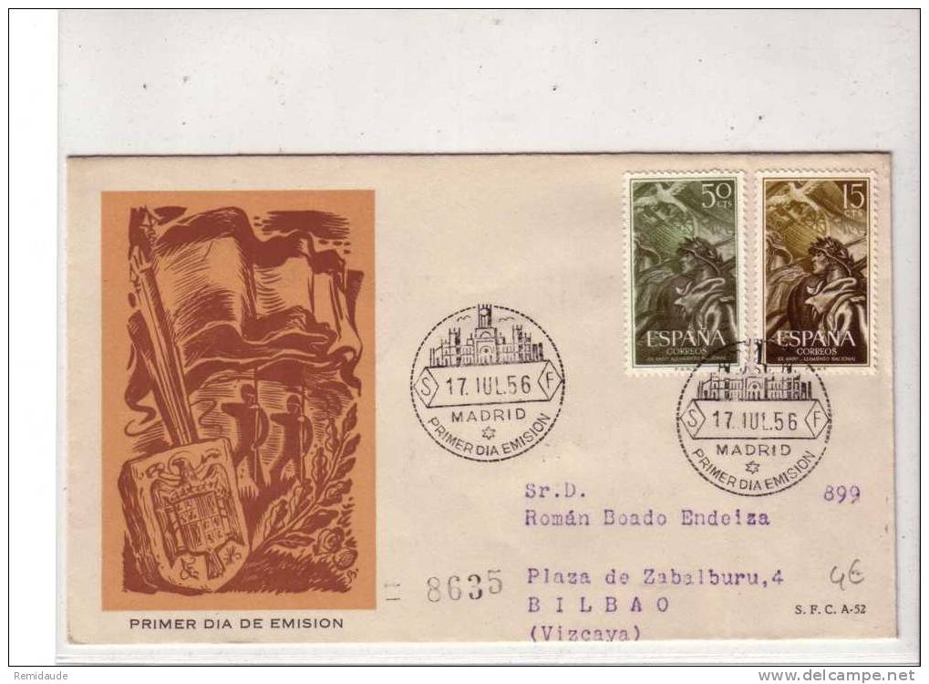 ESPAGNE - 1956 - LETTRE 1° JOUR Ayant VOYAGE De MADRID Pour BILBAO - FDC