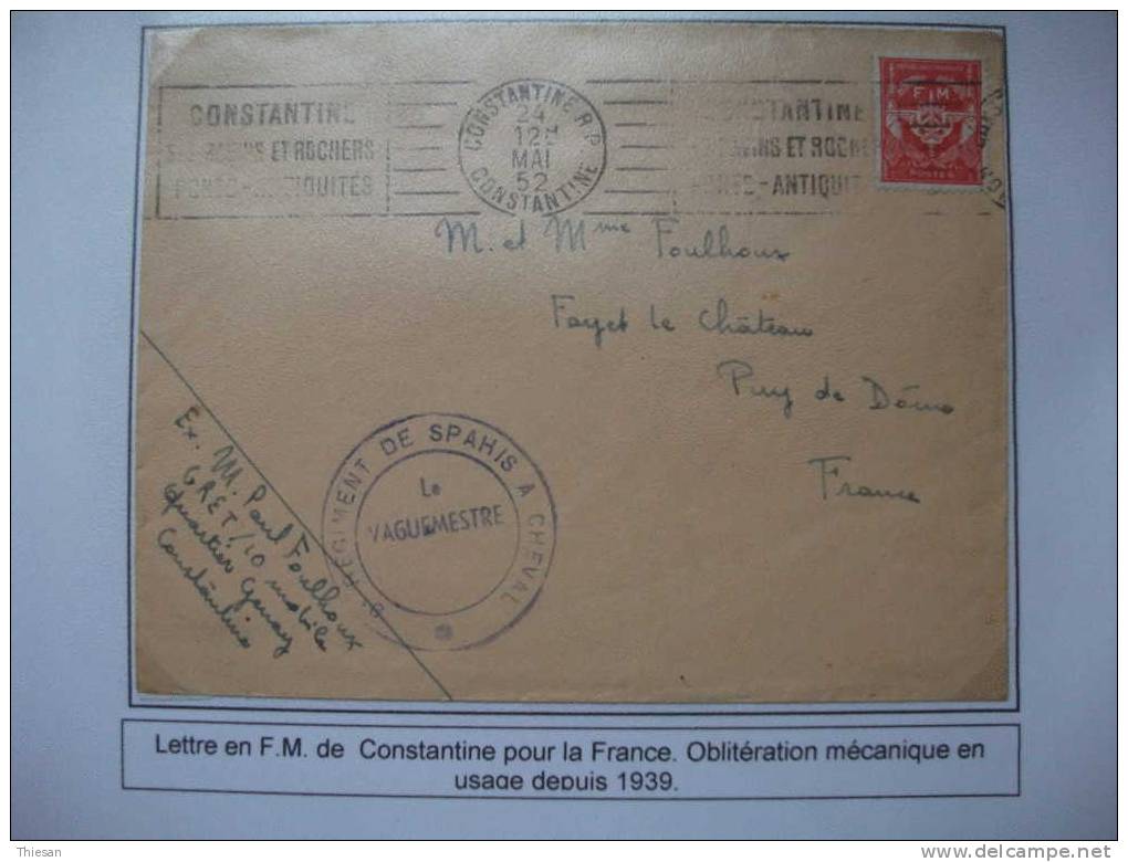 Algérie. Lettre Constantine 1952 OMEC Timbre FM Spahis. - Lettres & Documents