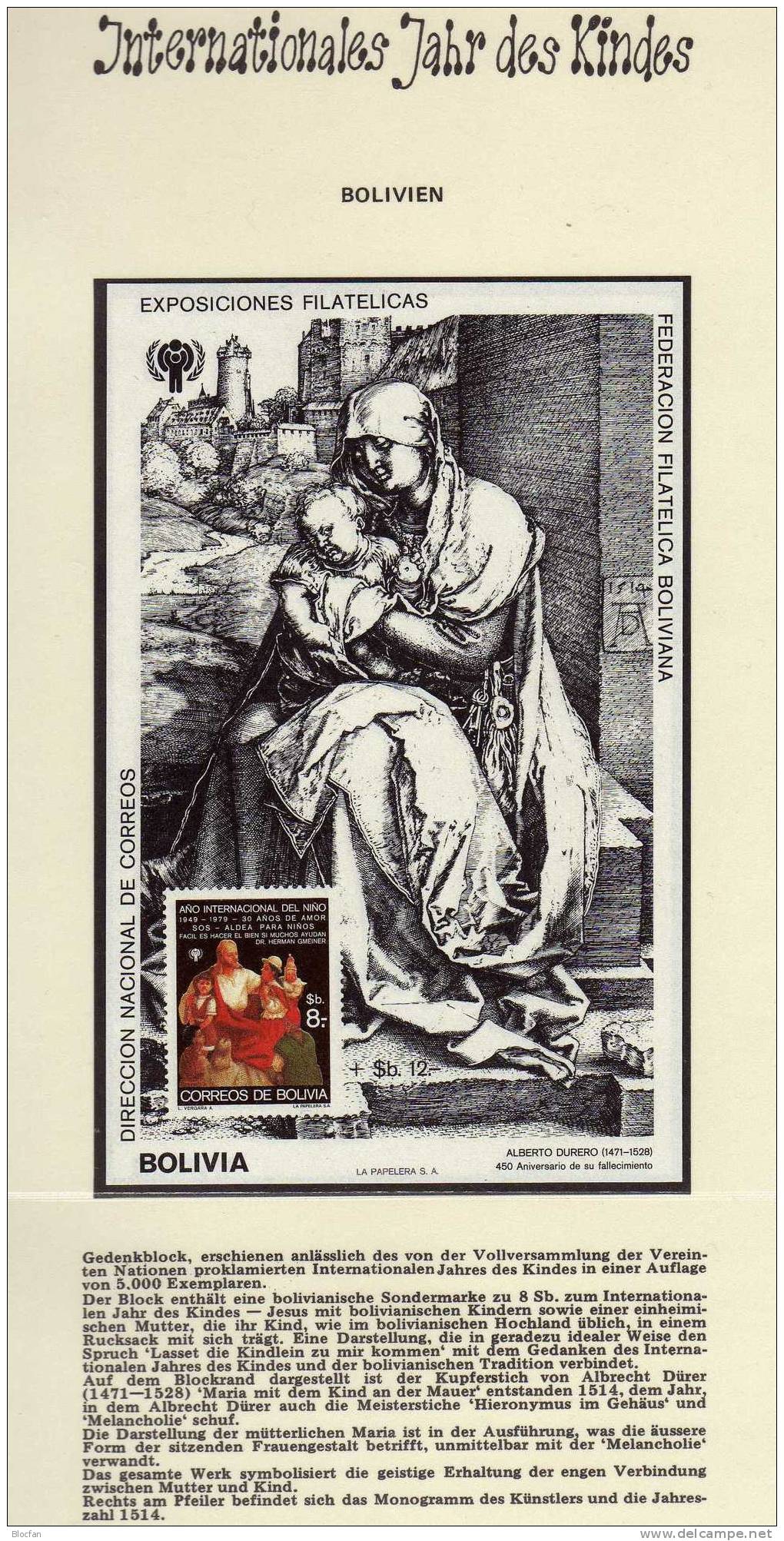 Dürer Maria An Mauer Bolivien Block 86 ** 55€ UNO Jahr Des Kindes 1979 Jesus Landestracht Hoja Ss Bloc Sheet Bf Art - Bolivie