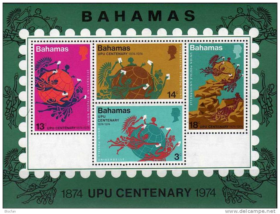 100 Jahre UPU 1974 Bahamas Block 10 ** 3€ Denkmal Weltpost-Verein Mit Emblem Erdkugel Globus Bloc Fogli Sheet Bf Caribic - Bahama's (1973-...)