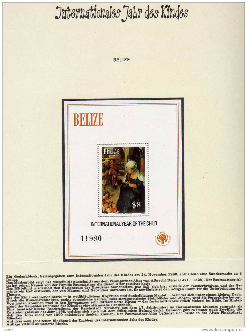 Paumgartner Belize Block 24 ** 11€ Jahr Des Kindes 1979 Dürer Altar Bloque Hoja Bloc Ss M/s Art Sheet Bf Christmas - Belize (1973-...)