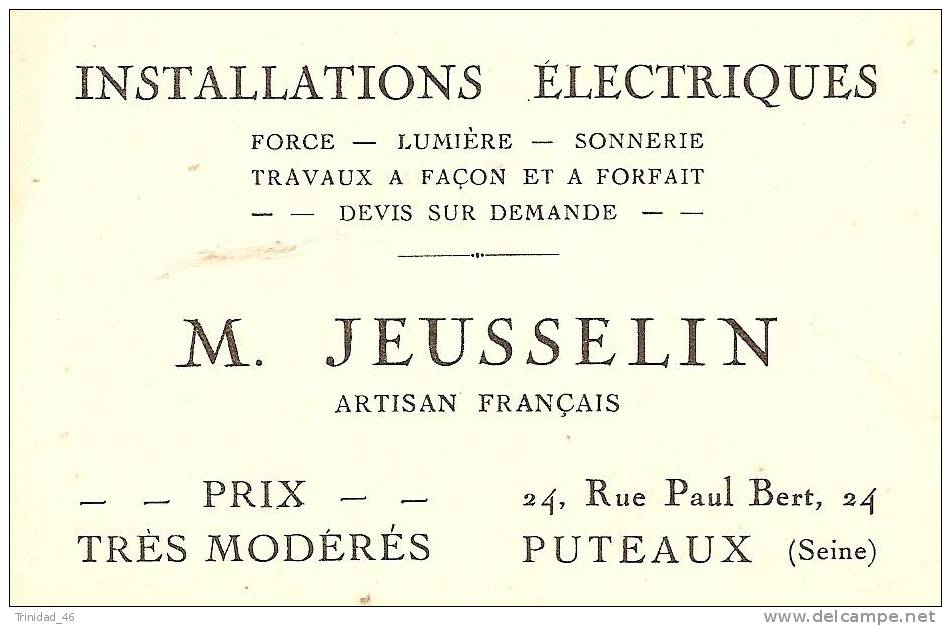 CARTE COMMERCIALE   PUTEAUX  92   ( M Jeusselin-installation Electrique )  TRES BON ETAT    ! ! ! - Cartes De Visite