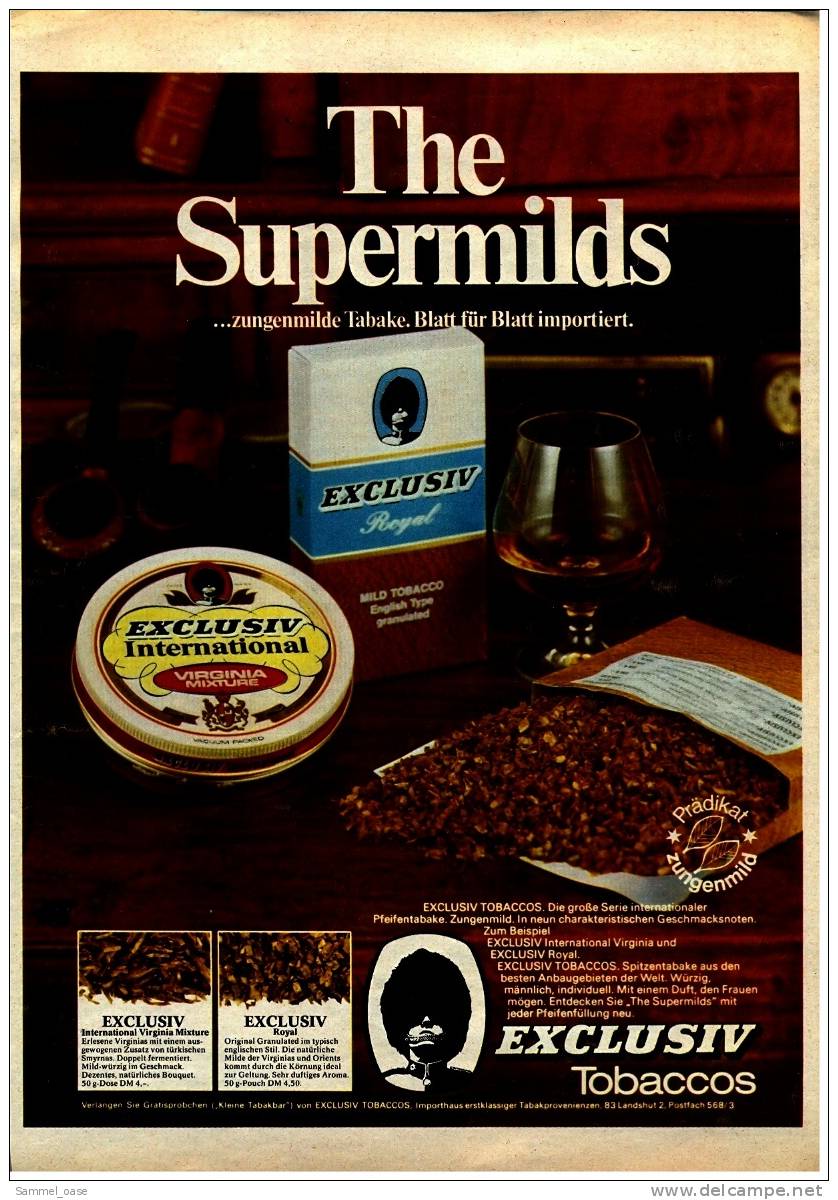 Reklame Werbeanzeige  ,  Pfeifentabak Exclusiv Tobaccos  ,  Zungenmilde Tabake   Von Ca. 1973 - Sonstige & Ohne Zuordnung