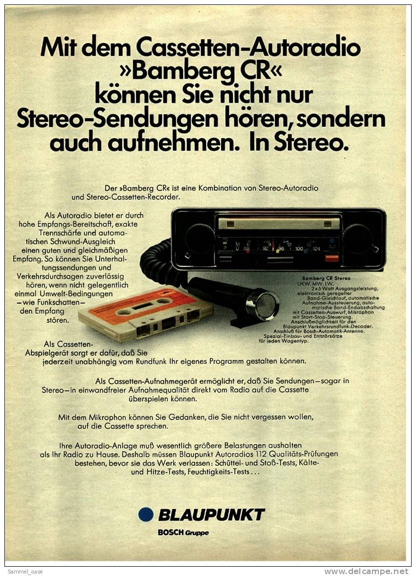Reklame Werbeanzeige  ,  BLAUPUNKT  Cassetten - Autoradio  "Bamberg CR"  ,  Von 1973 - Andere Geräte