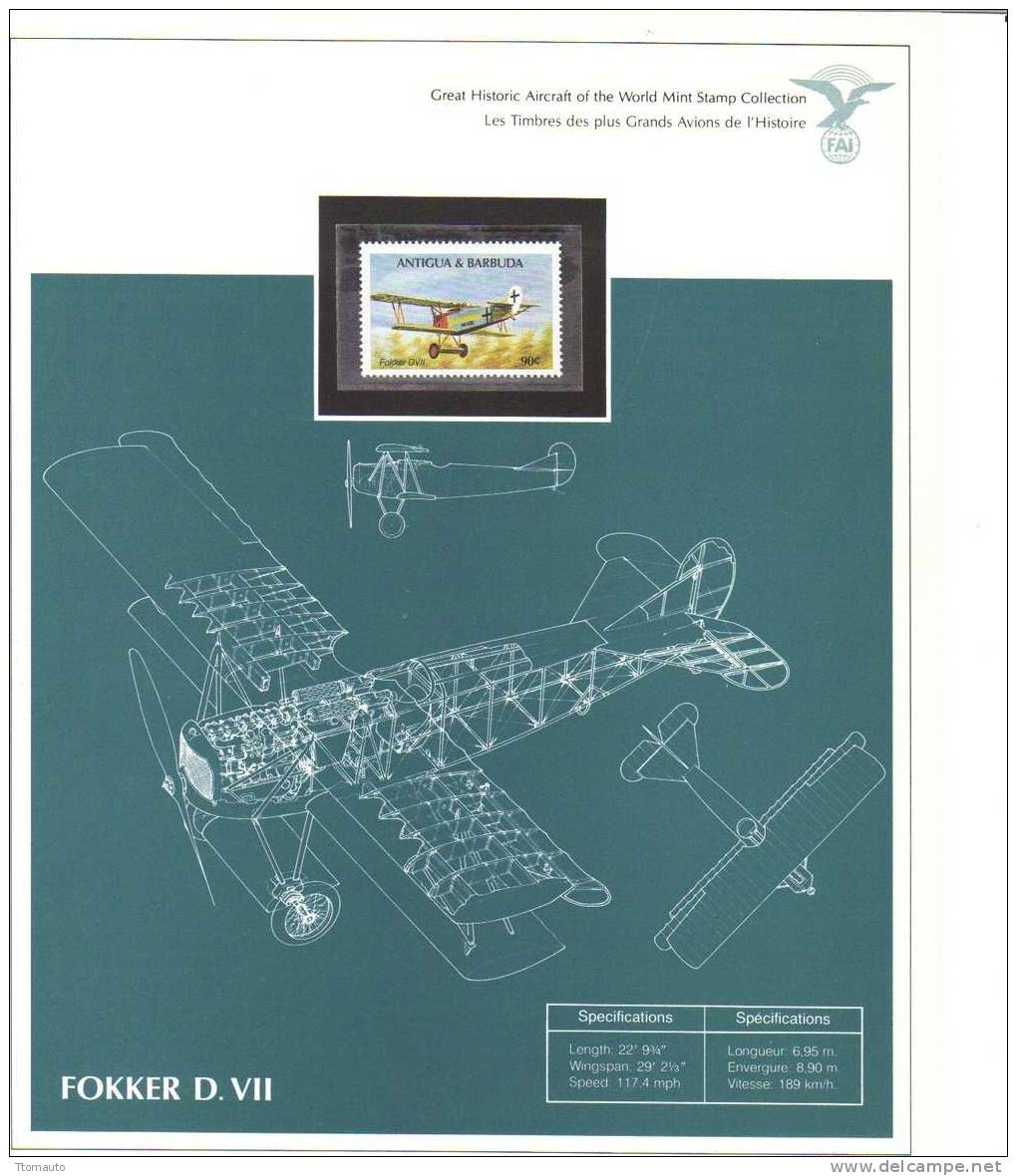 Great Historic Aircraft Of The World Display Card With Mint Antigua & Barbados Stamp- FOKKER D.VII - Vliegtuigen