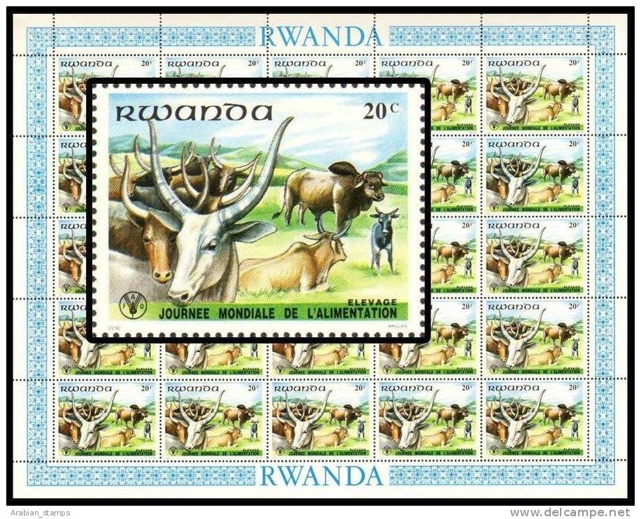 Rwanda Africa African Full Sheet Feuille Of Alimentation Animal Cows Of 25 Stamps - Vaches