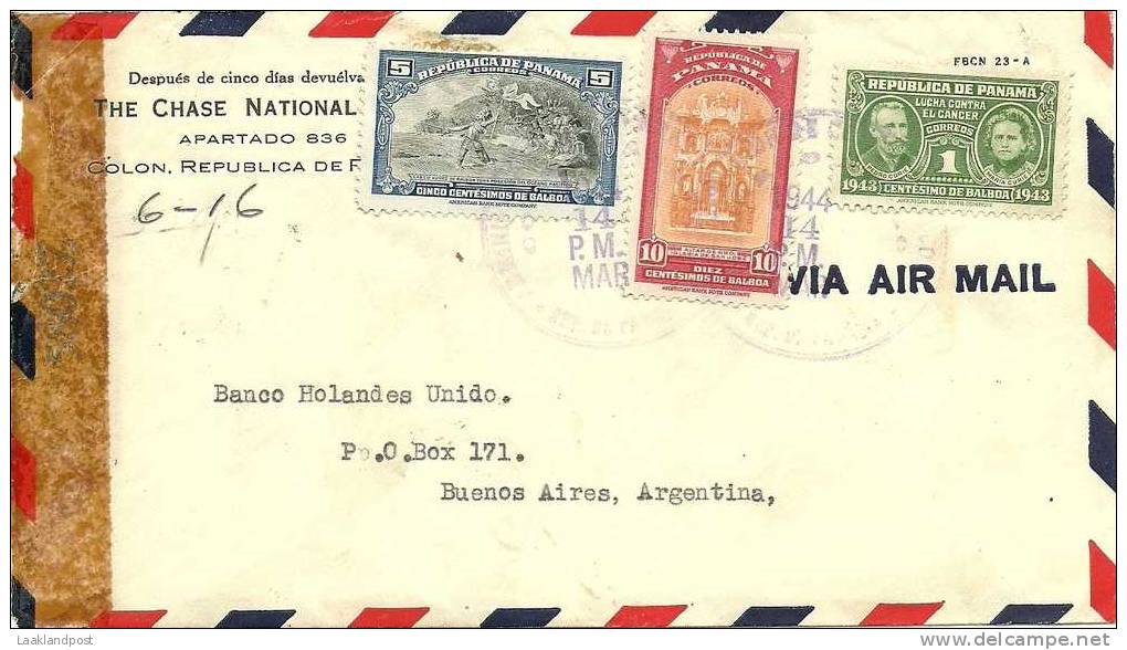 PANAMA 1944 CENSORED COVER TO ARGENTINA THE CAHASE NATIONAL BANK - Panama