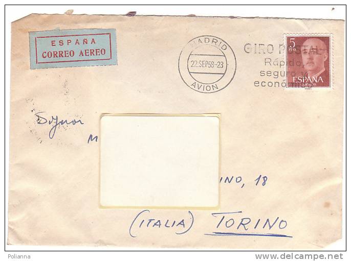 A0531 - SPAGNA - 5 Pesetas Franco - Posta Aerea  VG Madrid-Torino 22-09-1958 - Storia Postale