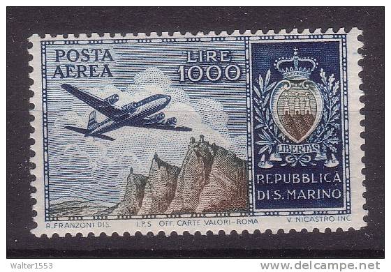 SAN MARINO 1954 POSTA AEREA VEDUTA E STEMMA INTEGRA  ** MNH FIRMATO CAFFAZ LUSSO - Luftpost