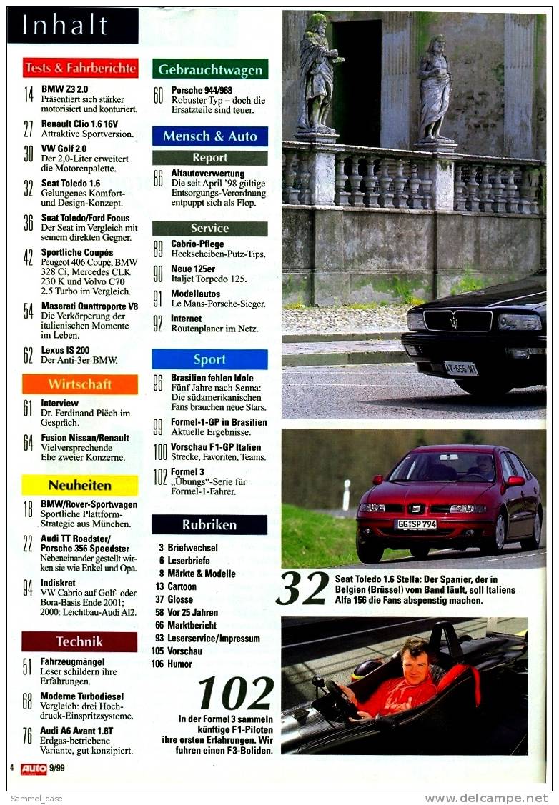 Auto  Zeitung  9/1999  Mit :  Test / Fahrberichte :  Seat Toledo 1.6  -  VW Golf 2.0  -  BMW Z3 2.0  Usw. - Automobile & Transport