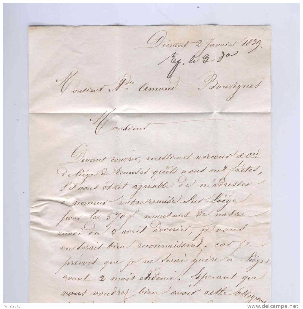 Lettre Précurseur En PP DINANT 1839 Vers BOUVIGNES - Port Au Verso 1 Décime  --  B6/054 - 1830-1849 (Belgique Indépendante)