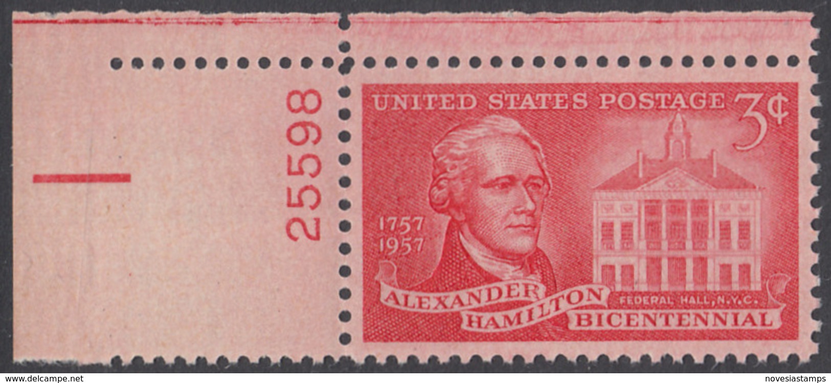 !a! USA Sc# 1086 MNH SINGLE From Upper Left Corner W/ Plate-# 25533 -Alexander Hamilton - Unused Stamps