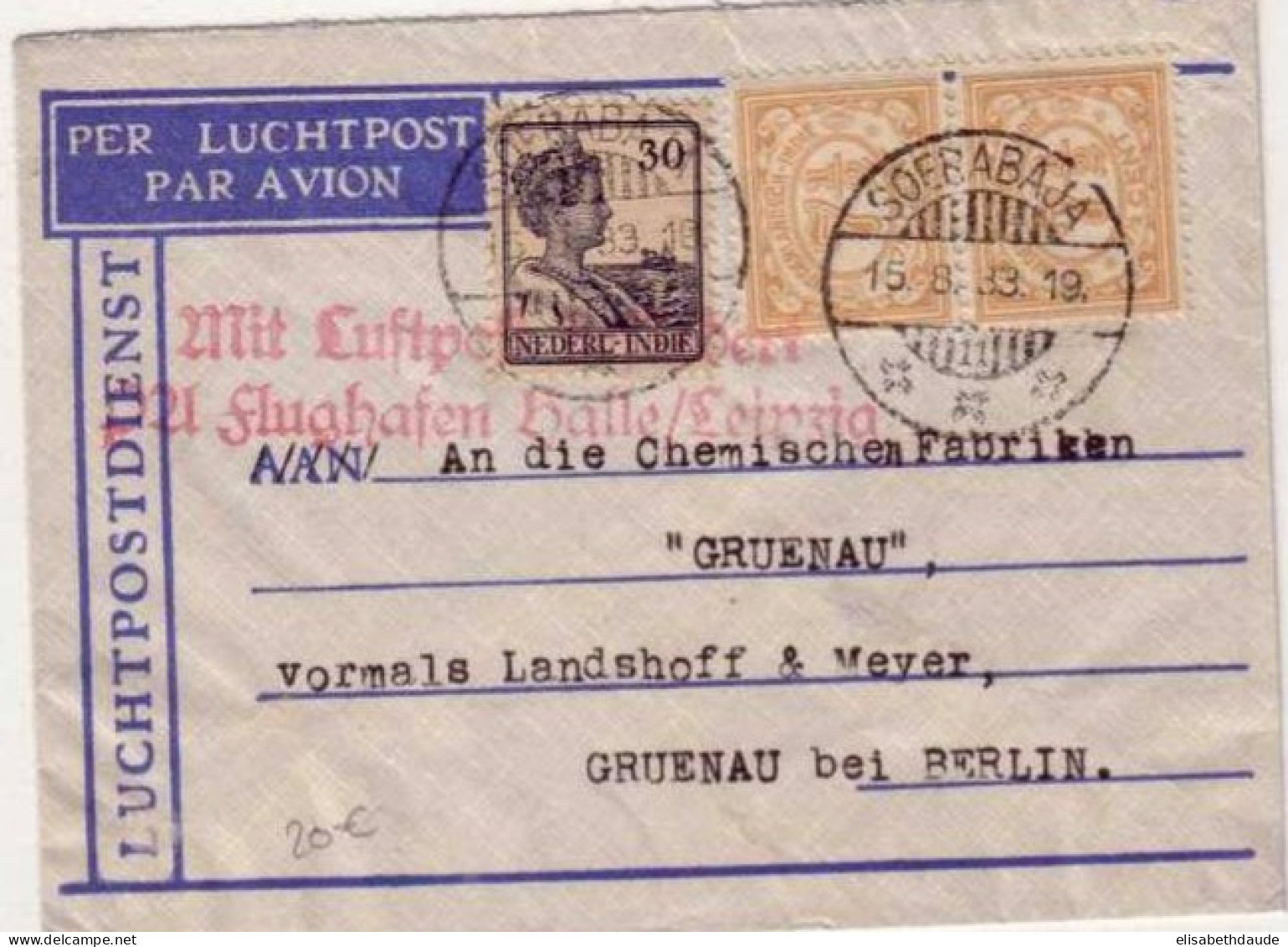 NEDERLANDISCH-INDIË - 1933 -  LETTRE PAR AVION De SOERABAJA Pour GRÜNAU Bei BERLIN (ALLEMAGNE) - Niederländisch-Indien