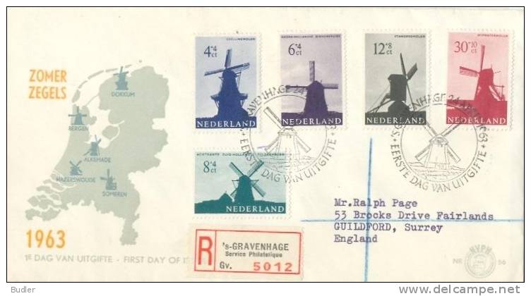 NEDERLAND :1963: Y.769-73 On Registered FDC : MOLEN,MOULIN,MILL,DOKKUM,BERGEN,ALKEMADE,HAZERSWOUDE,SOMEREN, - Windmills