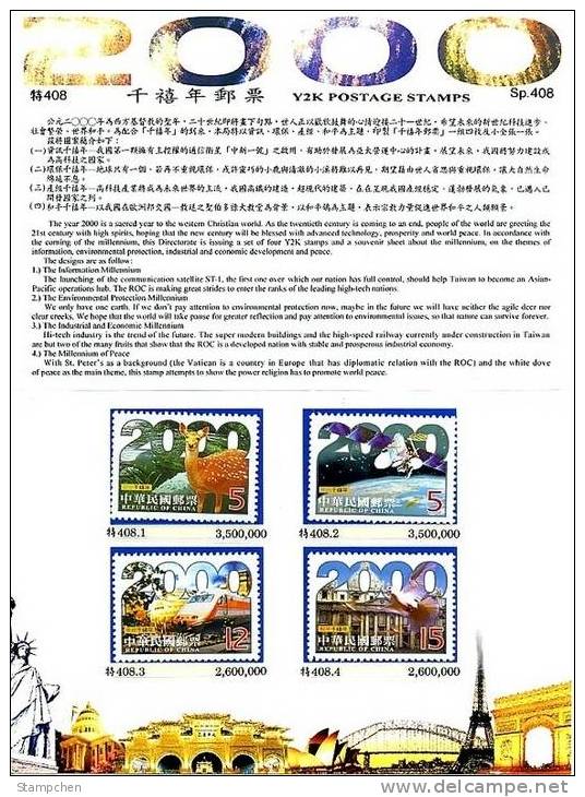 Folder Taiwan 1999 Millennium Stamps Y2K Deer Train Satellite Dove Space Map High-tech Glove Church Fauna - Ungebraucht