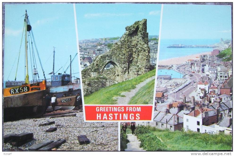 CP De HASTINGS " Fishing Boats , The Castle , The Old Town  " . - Hastings