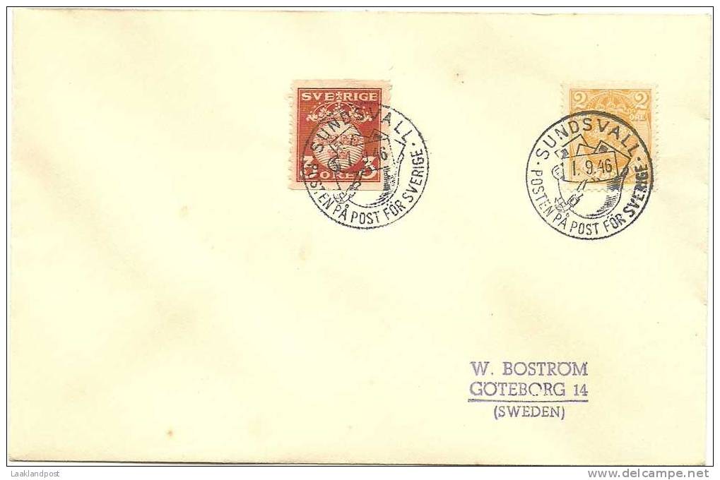 SWEDEN FIRST DAY COVER ADDESSED LOCAL SUNDVALL 1-9-1946 - FDC