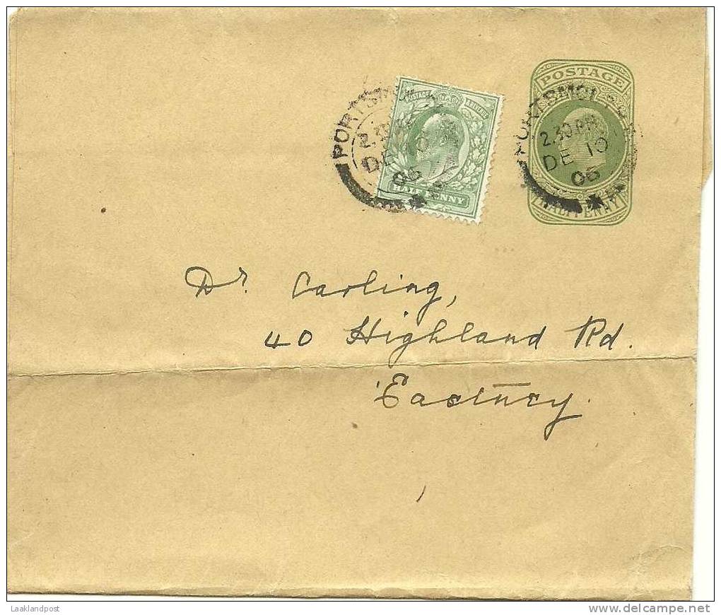 GB 1906 1/2d NEWSWRAPPER, HUGGINS WP21, UPRATED WITH 1/2d & USED PORTSMOUTH TO EASTNEY, WITH PORTSMOUTH DOUBLE CIRCLES. - Postwaardestukken