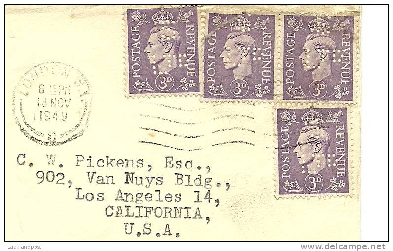 GB 1949 COMMERCIAL COVER LONDON TO LOS ANGELES. FRANKED WITH 3d X 4 PERFINNED 'S/LTD' (SELFRIDGES - ON BACK FLAP), LONDO - Perfins