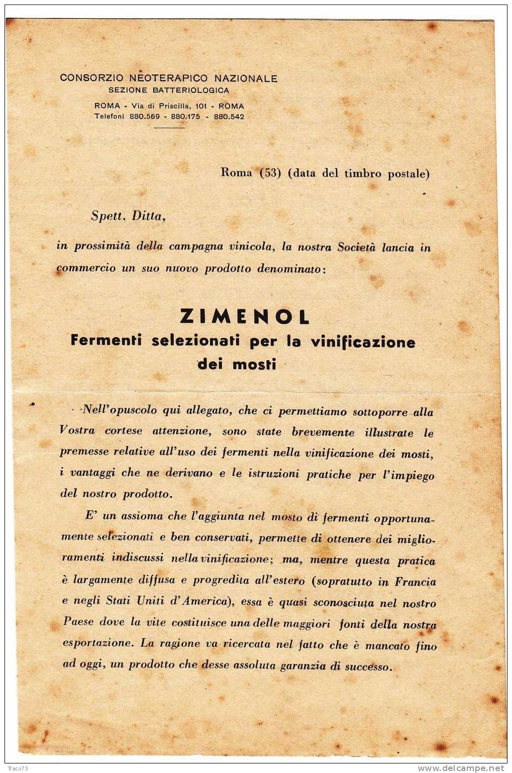 ZIMENOL  /  Fermenti Selezionati Per La Vinificazione Dei Mosti - Cons. Neoterapeutico  Naz. Roma - 1948 - Altri & Non Classificati