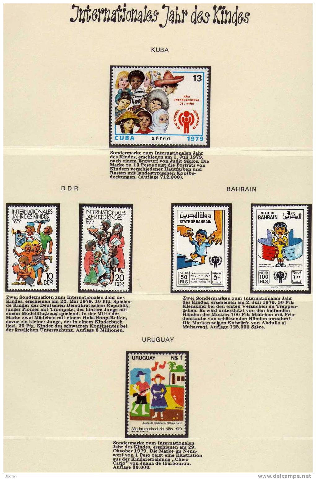 Jahr Des Kindes 1979 Bahrein 282/3 DDR 2422/3 Kuba 2403 Uruguay 1561 ** 9€ Gemälde Kinder UNICEF Emblem Children Set UNO - Unused Stamps