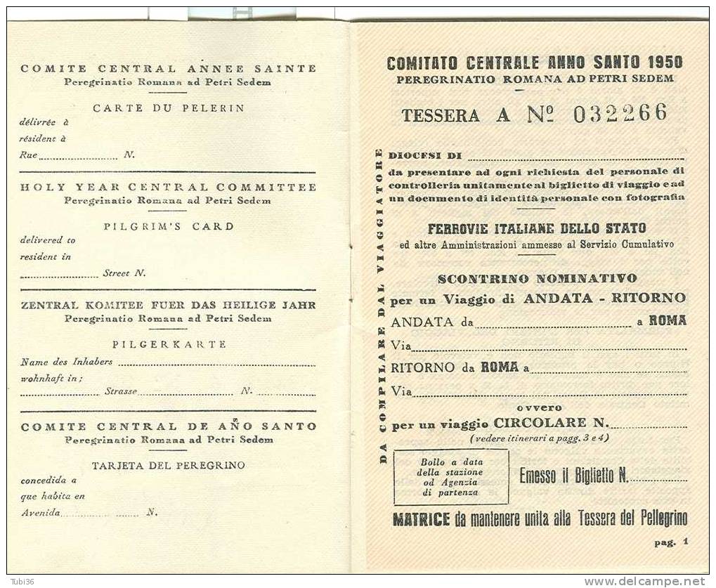 COMITATO CENTRALE ANNO SANTO  1950 -PEREGRINATIO ROMANA AD PETRI SEDEM - LIBRETTO  CON BIGLIETTI TARIFFA RIDOTTA - Altri & Non Classificati