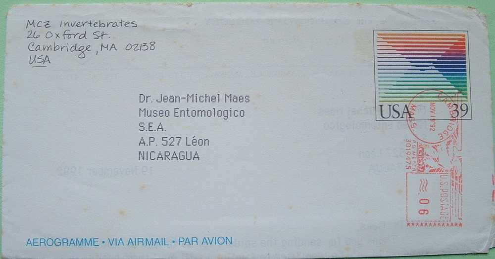 USA 1992 Aerogramme To Nicaragua - Cambridge Eagle Meter Cancel - Brieven En Documenten