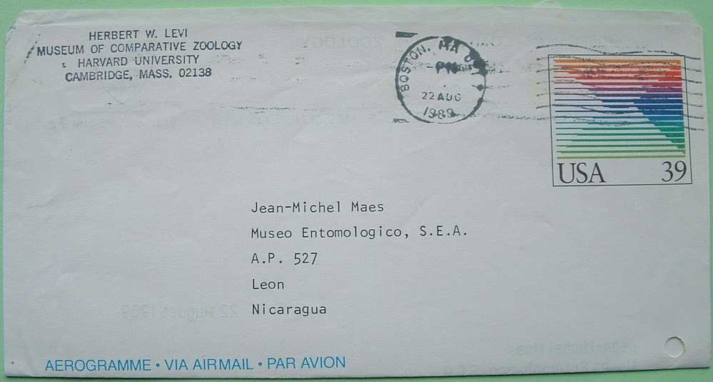 USA 1989 Aerogramme To Nicaragua - Boston Cancel - Briefe U. Dokumente